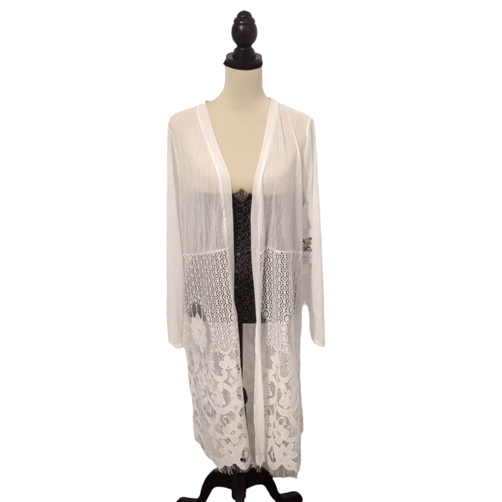 Siren Lily Mesh Stretch Cardigan With Lace Scalloped Edges Size XL White